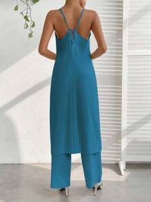 SHEIN Essnce Solid Split Hem Halter Top & Wide Leg Trousers - Blue - View 2