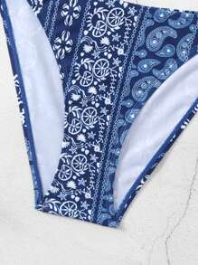 SHEIN Swim Summer Beach Paisley Print Halter Neck Bikini Set Bikini Set - Blue - View 3