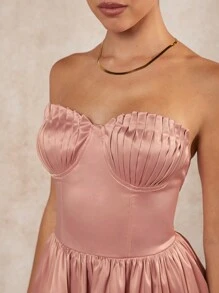 L'Amorae Pleated Bust Sweetheart Satin Dress