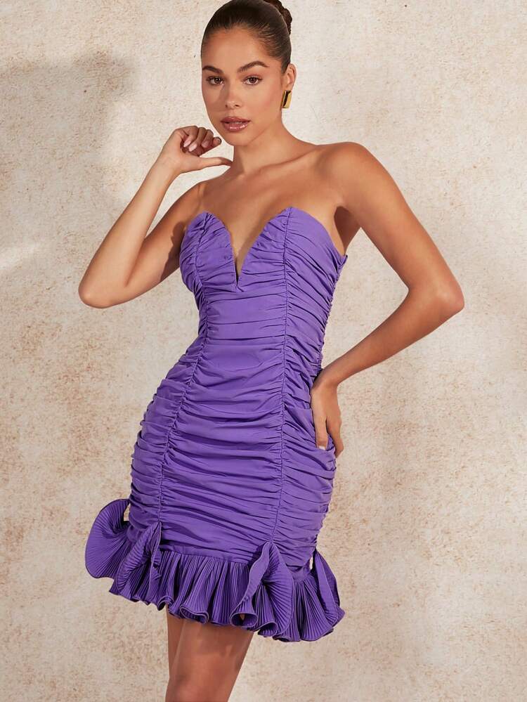 Solid Ruched Pleated Ruffle Hem Elegant Dress