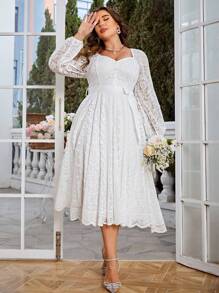 Simplee Plus Size Women Elegant Vintage Lace A-Line Dress, Long Sleeve Waist Cinched, Suitable For Wedding, Party, Birthday