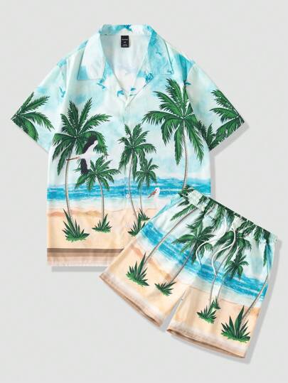 2pcs/Set Men's Vacation Style Shirt Set, Summer