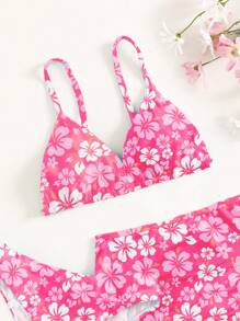 SHEIN Tween Girl Floral Print Bikini Set & Ruched Beach Skirt Summer Beach - Pink - View 3
