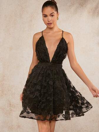 L'Amorae Plunging Neck Backless Lace Dress