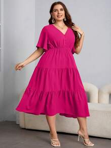SHEIN Clasi Plus Size Summer Holiday Solid Color Cinching Waist Dress - Hot Pink - View 5