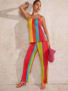 Hauture Conjunto de dos piezas de top tubo y pantalones plisados en diseño arcoíris