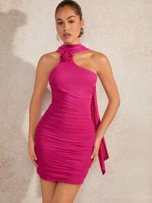L'Amorae 3D Rose Asymmetric Draped Neck Dress
