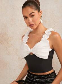 L'Amorae Colorblock Bow Bust Ruffle Crop Top - Black and White - View 6