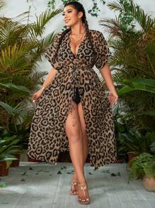 SHEIN Swim Vcay 大码女式豹纹蝙蝠袖长款和服，2025 年夏季 - 卡其色 - 查看 4