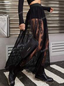 Lace Mesh Layered Skirt With Underskirt