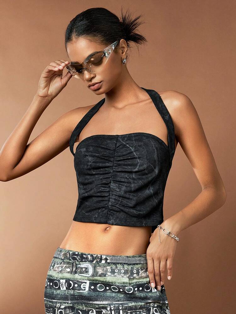 Grey Suede Water Washed Cropped Halter Top With Pleated Detail