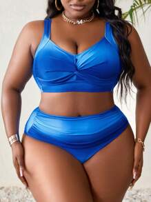 SHEIN Swim Curve 夏季海灘大尺碼女士假日純色扭結前束比基尼套裝 - 藍色 - 查看 5
