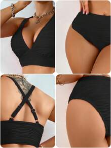 Swim DD+ Bộ bikini họa tiết màu trơn dành cho nữ đi biển mùa hè - màu đen - Xem 5