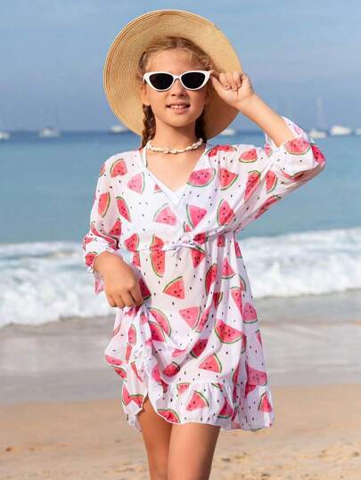 Tween Girls' Watermelon Pattern Cover Up Dress With Wrap Neckline