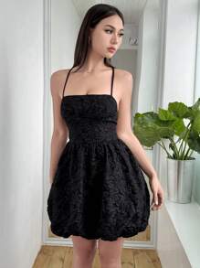 SHEIN Unity 有束腰的花朵提花細肩帶連身裙 - 黑色 - 查看 6