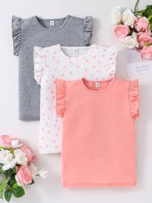 SHEIN Tween Girls' 3pcs Cute Casual Knitted Tank Top Set With Heart Print, Solid Color And Ruffle Decoration,Holiday,Summer,Travel - Grey - View 1
