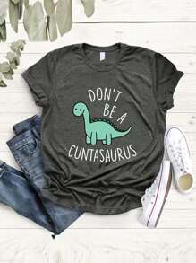 Women's New Round Neck Short Sleeved Summer, Cartoon Dinosaur Pattern Printed Casual T-Shirt, Sweet And Gentle Elegant, Slim And Comfortable Summer Tops, Suitable For Daily Casual Wear, Graphic Tees Women, Summer Outfits For Women, Vacation Outfits Women, Summer Dresses For Women