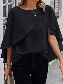 SHEIN Clasi 女士圓領純色荷葉邊時尚春夏襯衫 - 黑色 - 查看 4