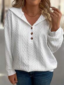 SHEIN LUNE 時尚女士加大碼連帽開口呢衣,帶按鈕設計 - 白色 - 查看 1