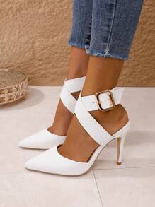 女士尖头细高跟露跟时尚香槟色/黑色/白色性感高跟鞋，带踝带，女士鞋