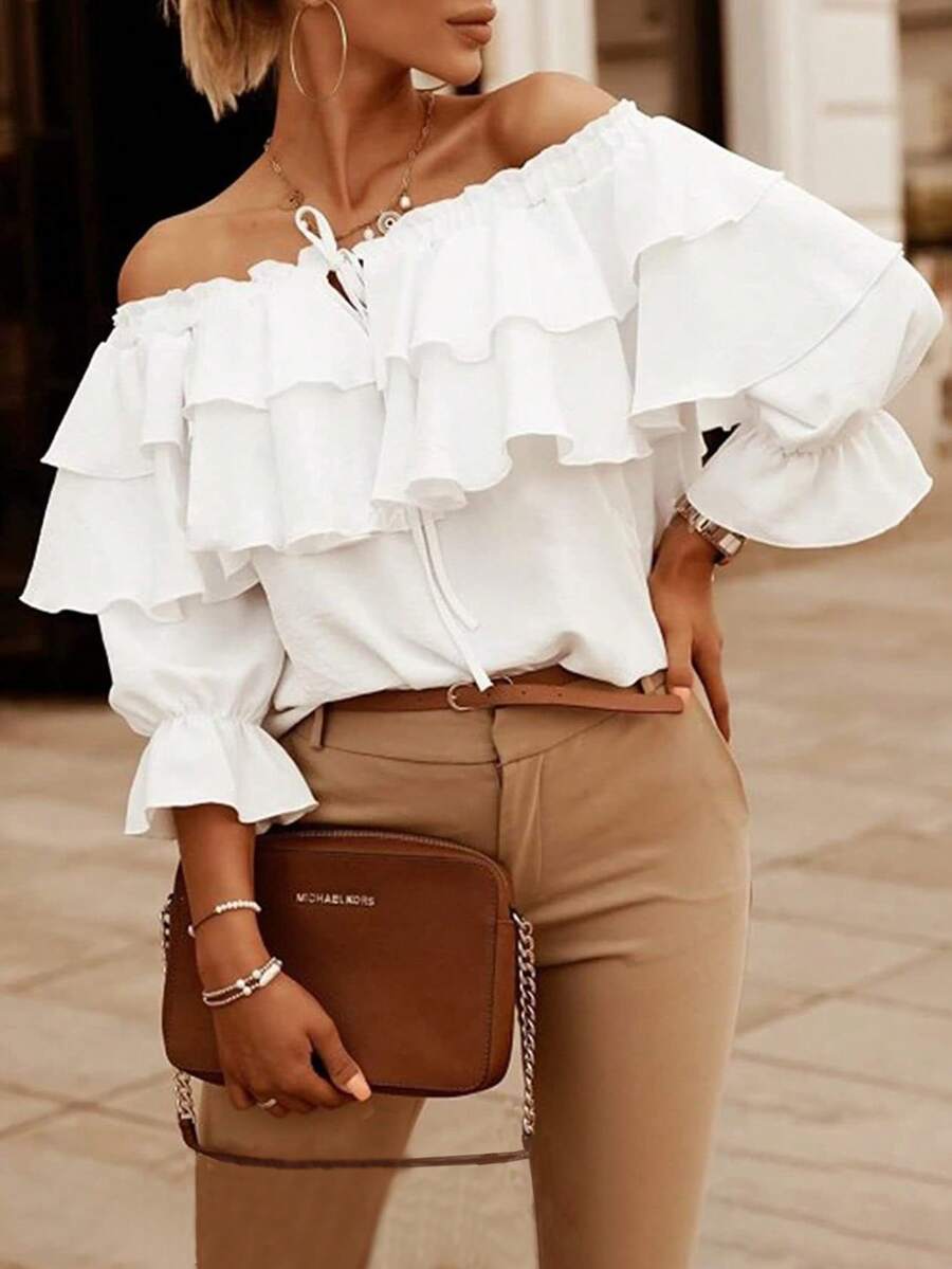 Blusa con hombros descubiertos y volantes, estilo hawaiano bohemio para vacaciones en la playa, unicolor para conciertos en el campo - Blanco - Ver 1