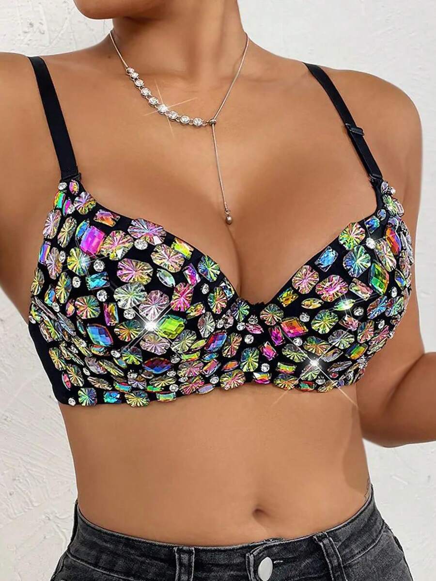 Sexy Fashionable Rhinestone Cropped Spaghetti Strap Top Adjustable Strappy Bustier Party Music Festival Rave Festival Shapewear Tops For Women - Multicolor - View 1