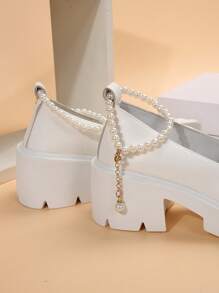 Women's Wedge High Heels Round Toe Mary Jane Shoes With Faux Pearl Chain Decoration