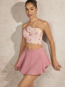 L'Amorae Elegant Overlay Ruffle Hem Solid Skort