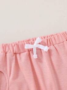 2 piezas Camiseta de niña bebé con gráfico de letras y lemas, suave y cómoda, y shorts deportivos de unicolor, conjunto casual de verano para vacaciones - Rosa - Ver 4