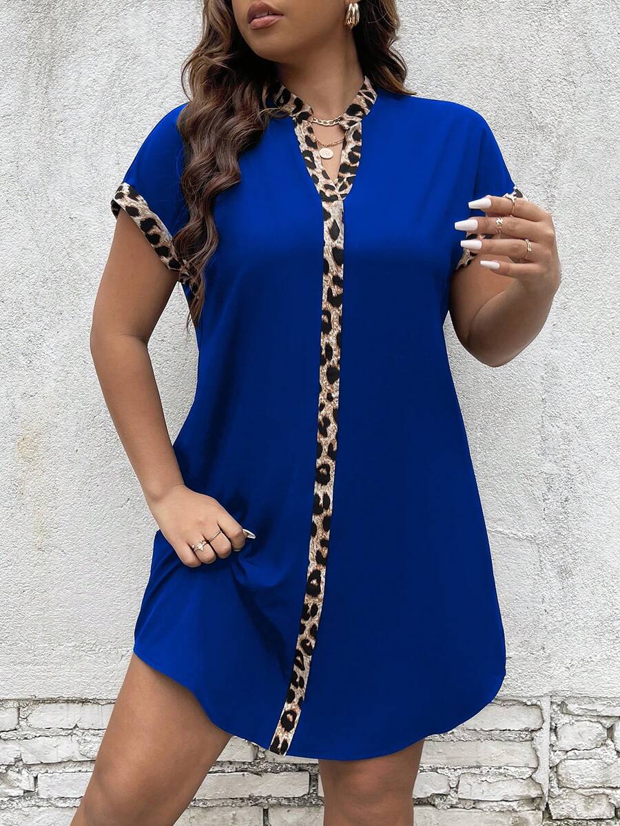 SHEIN LUNE Kích thước lớn Báo In Kỳ nghỉ Đầm Với Cắt dán Đường viền cổ áo Và Vá lại Thiết kế - Nhiều màu - Xem 1