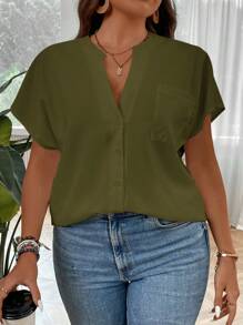 SHEIN LUNE Blusa De Manga Murciélago Con Cuello En V Sólido De Talla Grande Para El Verano - Verde militar - Ver 4