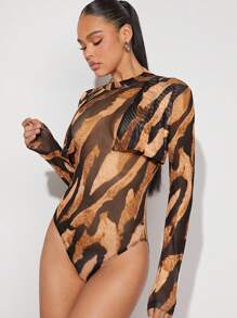 Hauture Animal Print Mock Neck Draped Bodysuit - Multicolor - View 1