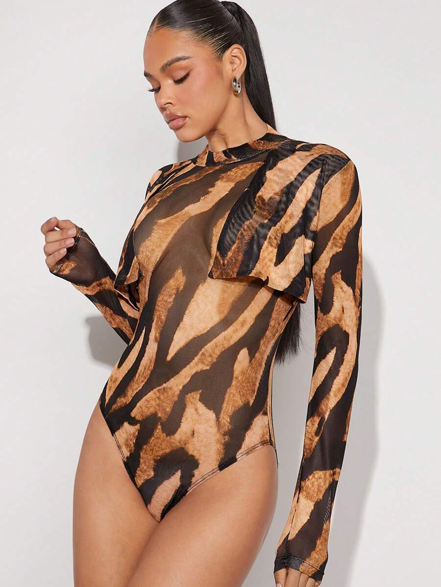 Hauture Animal Print Mock Neck Draped Bodysuit - Multicolor - View 1