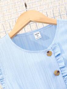 少女荷葉邊前紐扣搭腰帶連身褲 - 藍色 - 查看 5