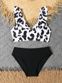 Bikini de leopardo con ribete de volantes y detalles, separado, para niña preadolescente - Negro - Ver 4
