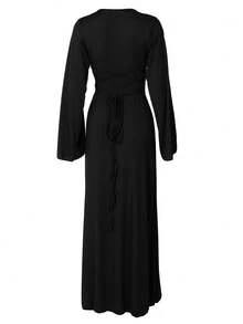 女士休闲圆领修身长款喇叭袖后系带优雅日常街头秋冬长连衣裙黑色春季 - 黑色 - 查看 2