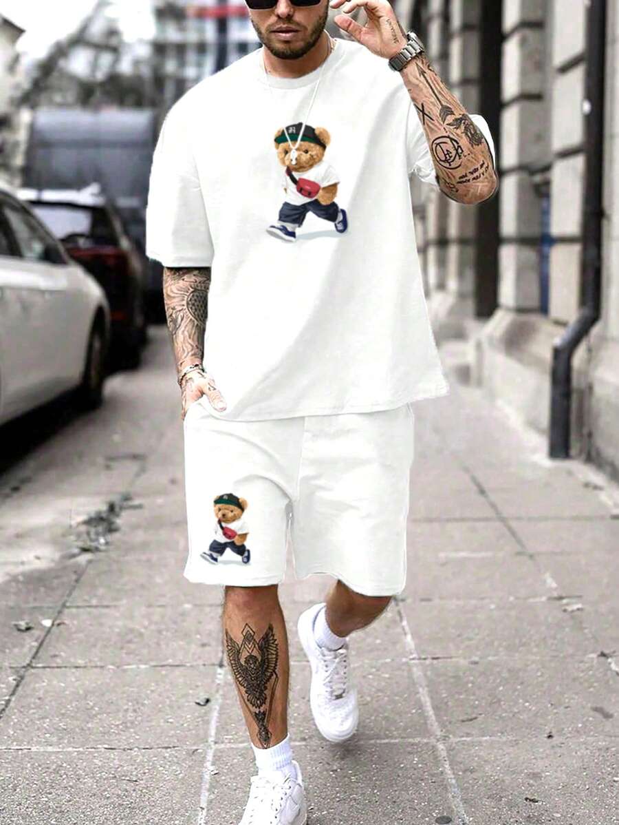 Manfinity Hypemode Men's Summer Casual Bear Printed Short Sleeve T-Shirt And Shorts 2pcs/Set