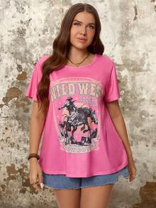 SHEIN LUNE Plus Size Western Cowboy Printed Round Neck Short Sleeve T-Shirt, Perfect For Summer Leisure - Hot Pink - View 6