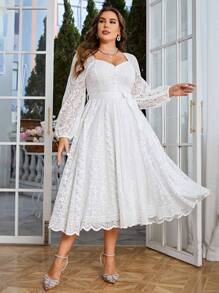 Simplee Plus Size Women Elegant Vintage Lace A-Line Dress, Long Sleeve Waist Cinched, Suitable For Wedding, Party, Birthday