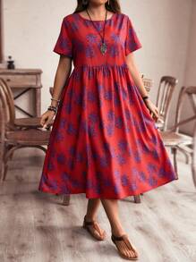 EMERY ROSE Kích thước lớn Của phụ nữ Lỏng lẻo phù hợp Giải trí Quốc gia Lanh Đầm Với Nhỏ bé In hoa Cho mùa xuân Và Mùa hè - Đỏ - Xem 4