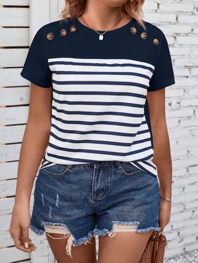 INAWLY Plus Size Striped Patchwork Detail Buttoned Short Sleeve Summer Casual T-Shirt Graphic Tees Women Tops