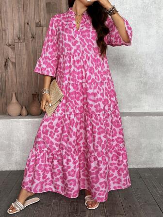 SHEIN LUNE Plus Size  Women's  Vacation Pink Leopard Print Casual 4-Layer High Collar V-Neck Ruffle Trim Short Sleeve Layered Hem Swing Summer Maxi Dress