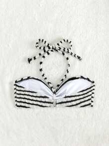 Swim Mod Women Summer Beach Fashionable Textured Striped Halter Neck Bikini Top - Black and White - View 2