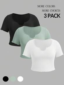 SHEIN Essnce Kích thước lớn Mùa Xuân Và Mùa hè 3 miếng Nhiều màu Đi ra ngoài Gầy Và Linh hoạt Thon gọn Cổ áo có khía Quần skinny Áo thun - Nhiều màu - Xem 1