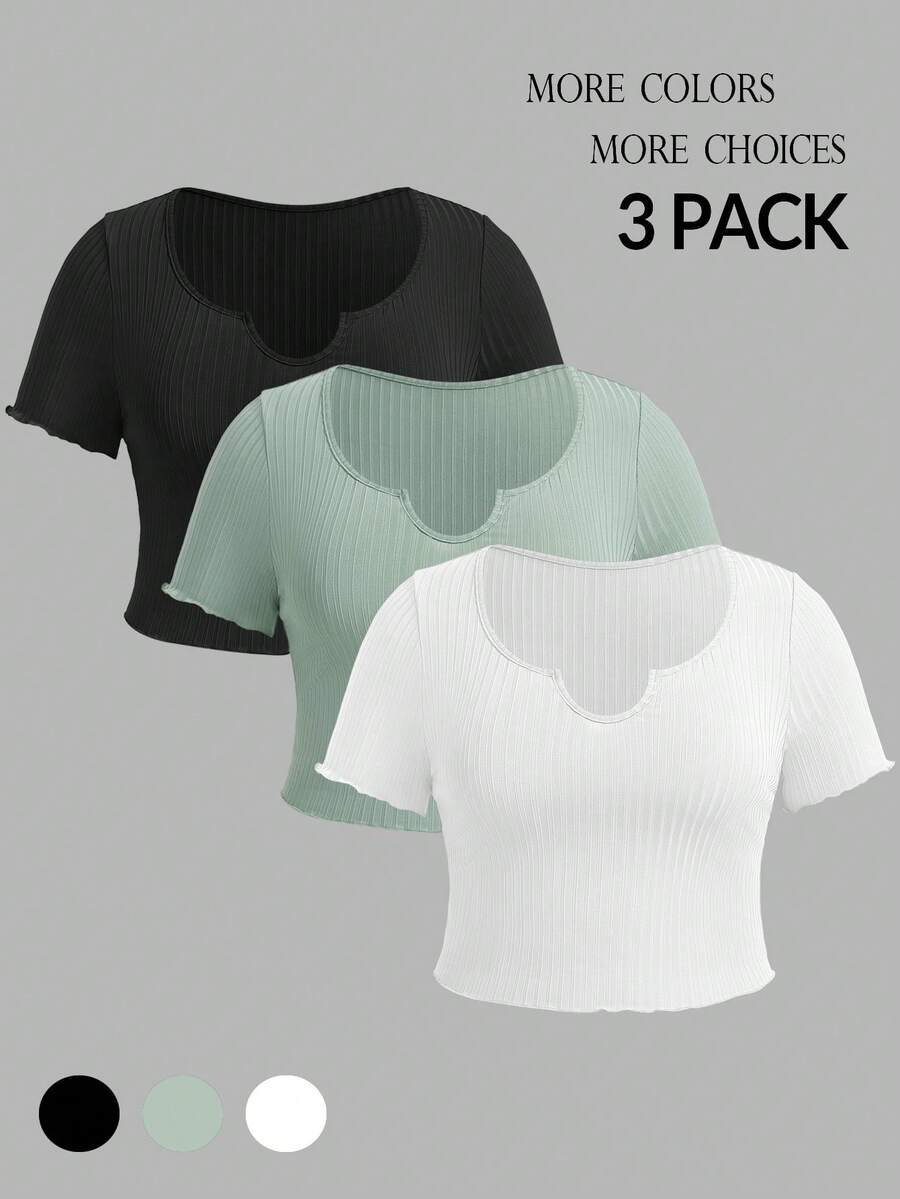 SHEIN Essnce Kích thước lớn Mùa Xuân Và Mùa hè 3 miếng Nhiều màu Đi ra ngoài Gầy Và Linh hoạt Thon gọn Cổ áo có khía Quần skinny Áo thun - Nhiều màu - Xem 1