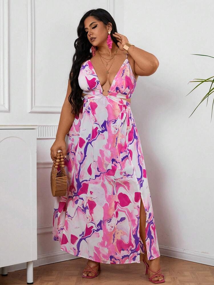 Plus Size Vacation Summer Romantic Water Ripple Printed Spaghetti Strap Dress With Cutout, Perfect For Festival