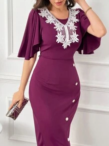 Modelyn Women's Slim Fit Ruffle Short Sleeve Dress With Floral Applique Long Evening Dresses - Purple - View 4