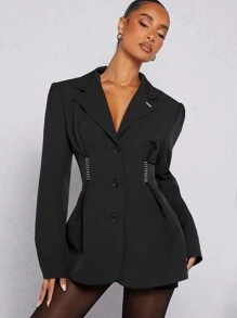 Hauture Blazer oversize con hombros acolchados, pliegues y bajo acampanado - Negro - Ver 1