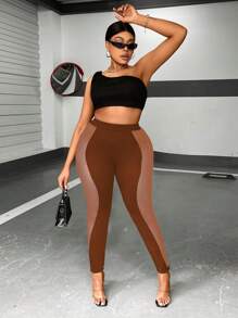 Maweii 大尺碼女式修身拼色緊身褲 - 鏽棕色 - 查看 4