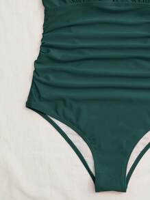 SHEIN Swim Summer Beachwear Deep V-Neck One Piece Swimsuit With Ruffle Trim - Dark Green - View 6